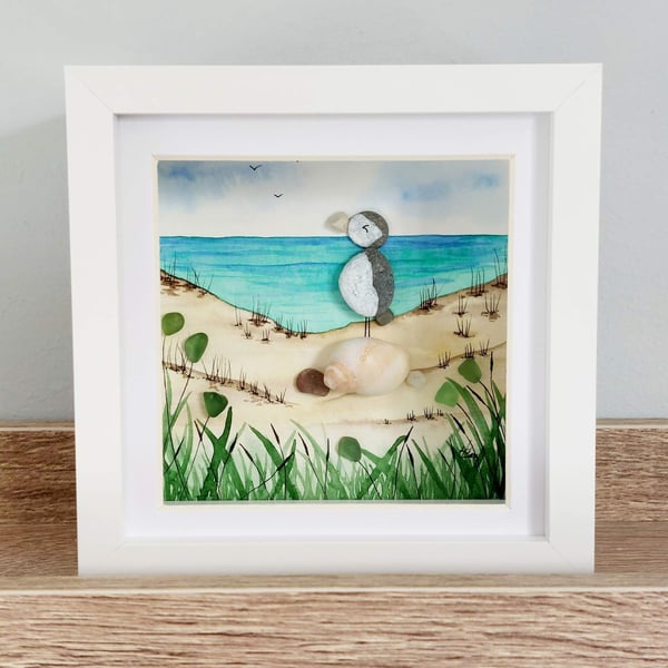 Puffin Desk Art - Original Watercolour - Framed Beach Glass Gift for Friends
