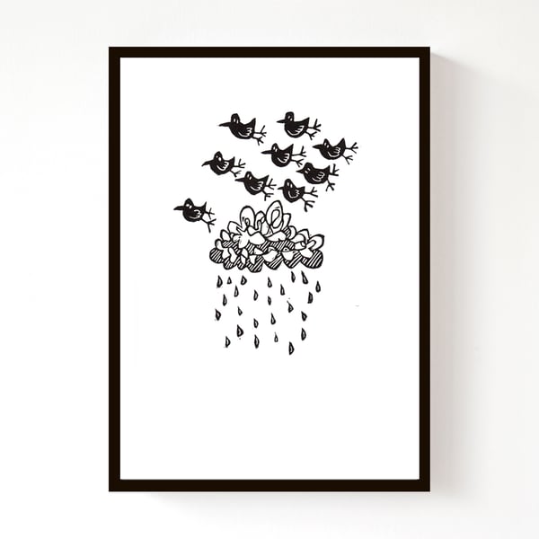 Lino Print - Storm Birds