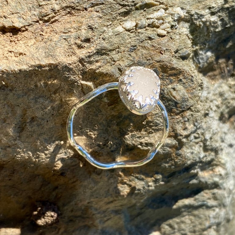 White Sea Glass and Hammered Sterling Silver Ring - Size S - 1354