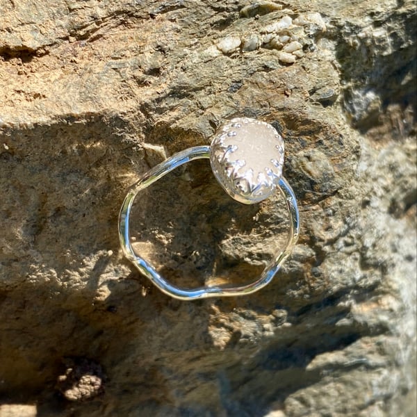 White Sea Glass and Hammered Sterling Silver Ring - Size S - 1354