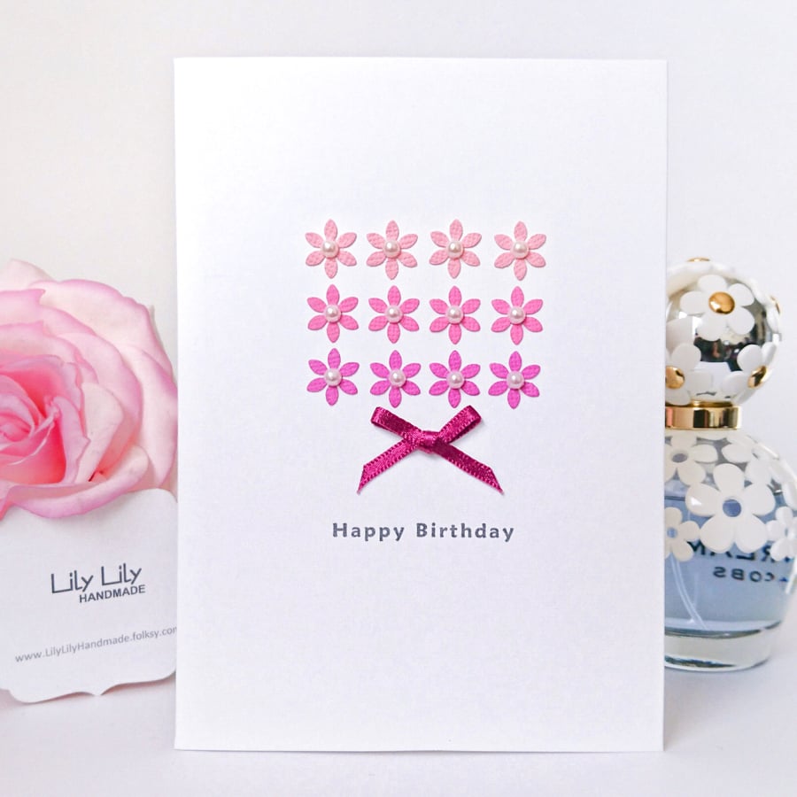 Birthday Card, Floral Pink Ombré, handmade