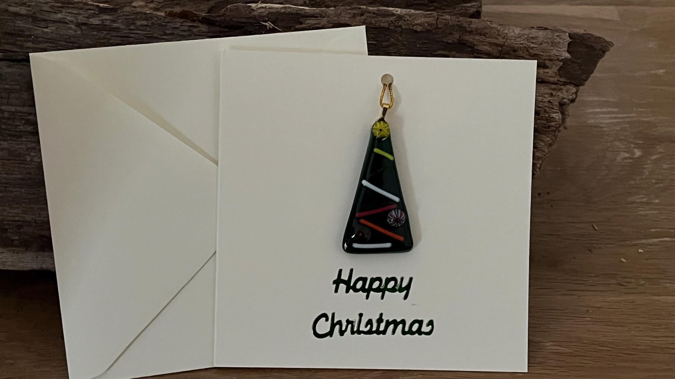 Handcrafted Christmas Card with Artisan Fused Glass Tree Decoration Keepsake