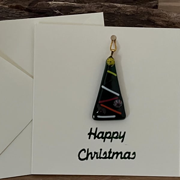 Handcrafted Christmas Card with Artisan Fused Glass Tree Decoration Keepsake
