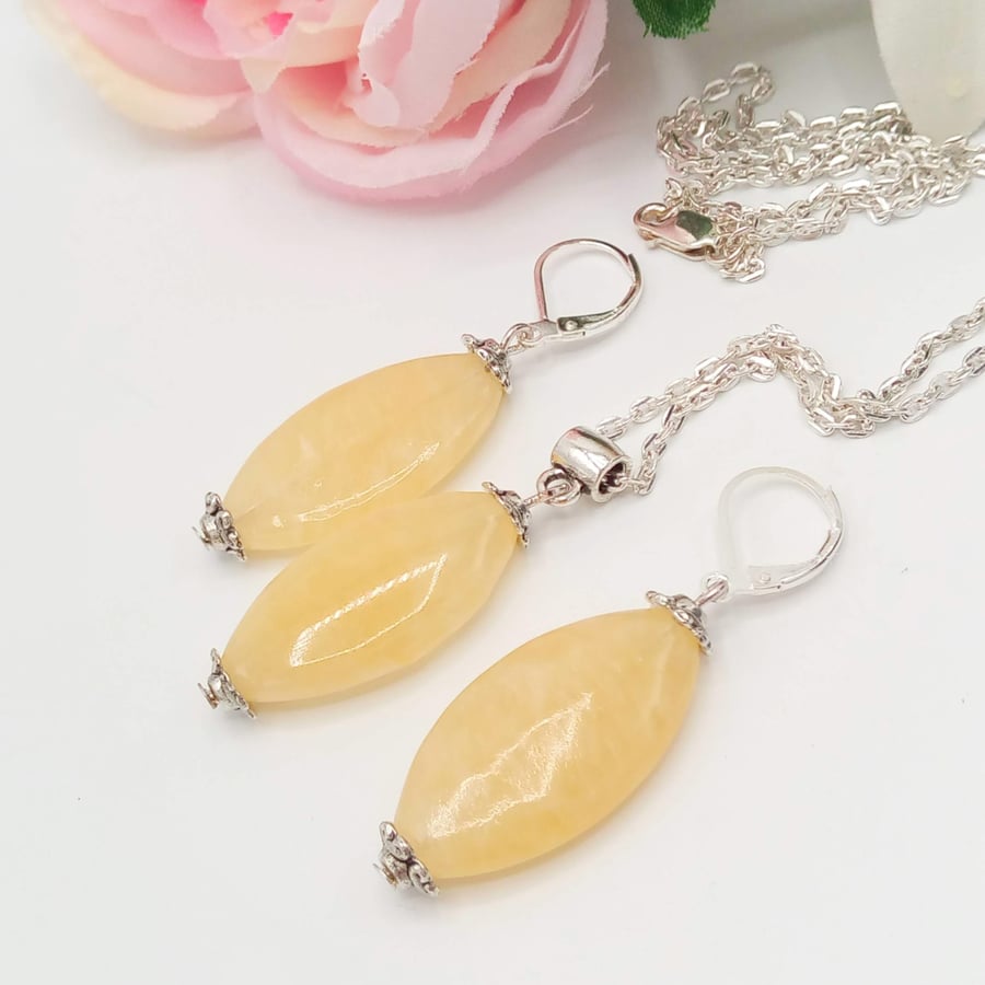 Lemon Jade Drop Bead Pendant with Matching Earrings, 2 Piece Jewellery Set