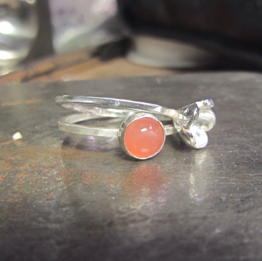 Peach moonstone ring and flower in sterling silver, freepost