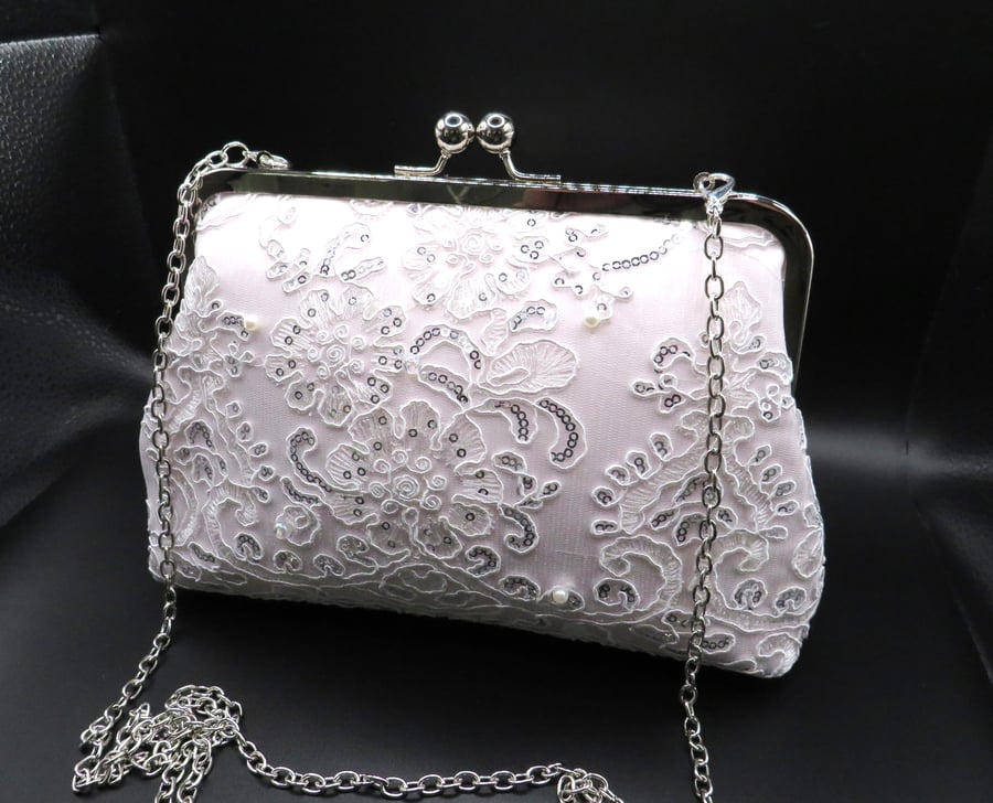 Wedding clutch bag, white or light blush pink overlaid with white corded lace 