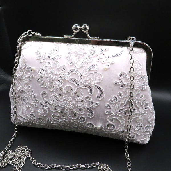 Wedding clutch bag, white or light blush pink overlaid with white corded lace 