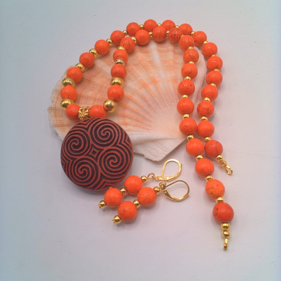 Orange Bead Necklace and Earrings Set with Gold Accents, Gift for Her