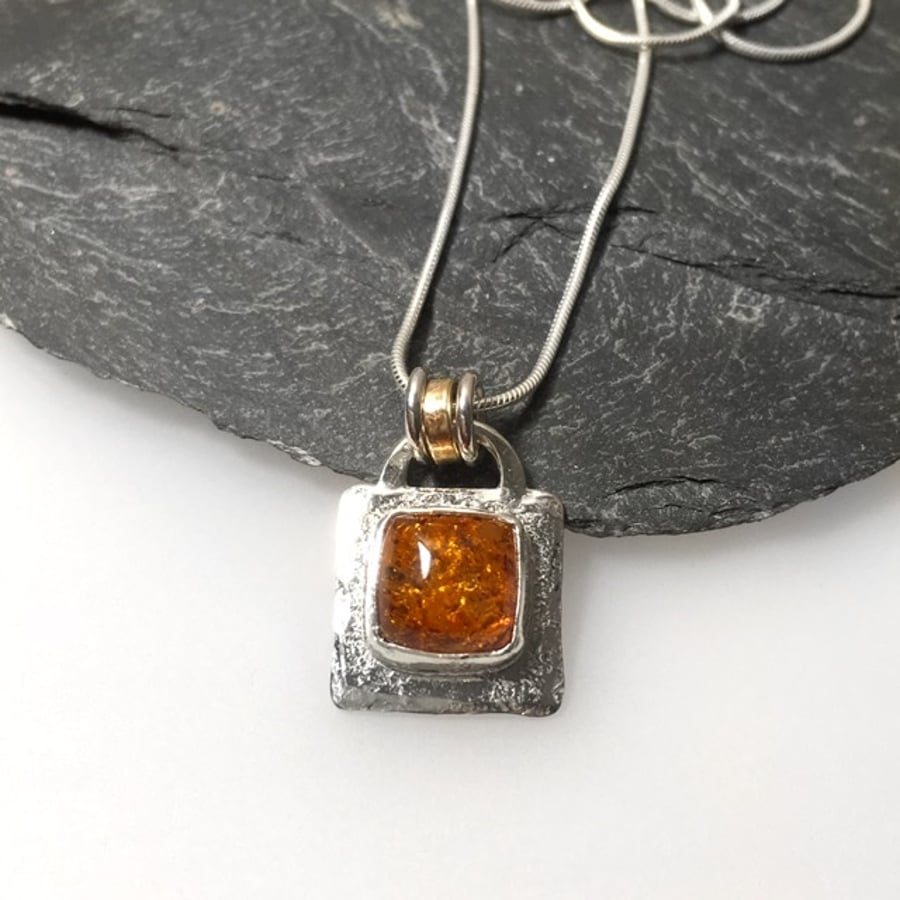 Silver, 9ct gold and amber square pendant and chain