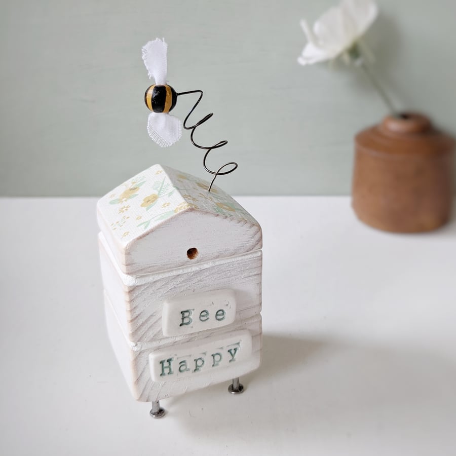 Wooden Beehive With Little Clay Bee 'Bee Happy'