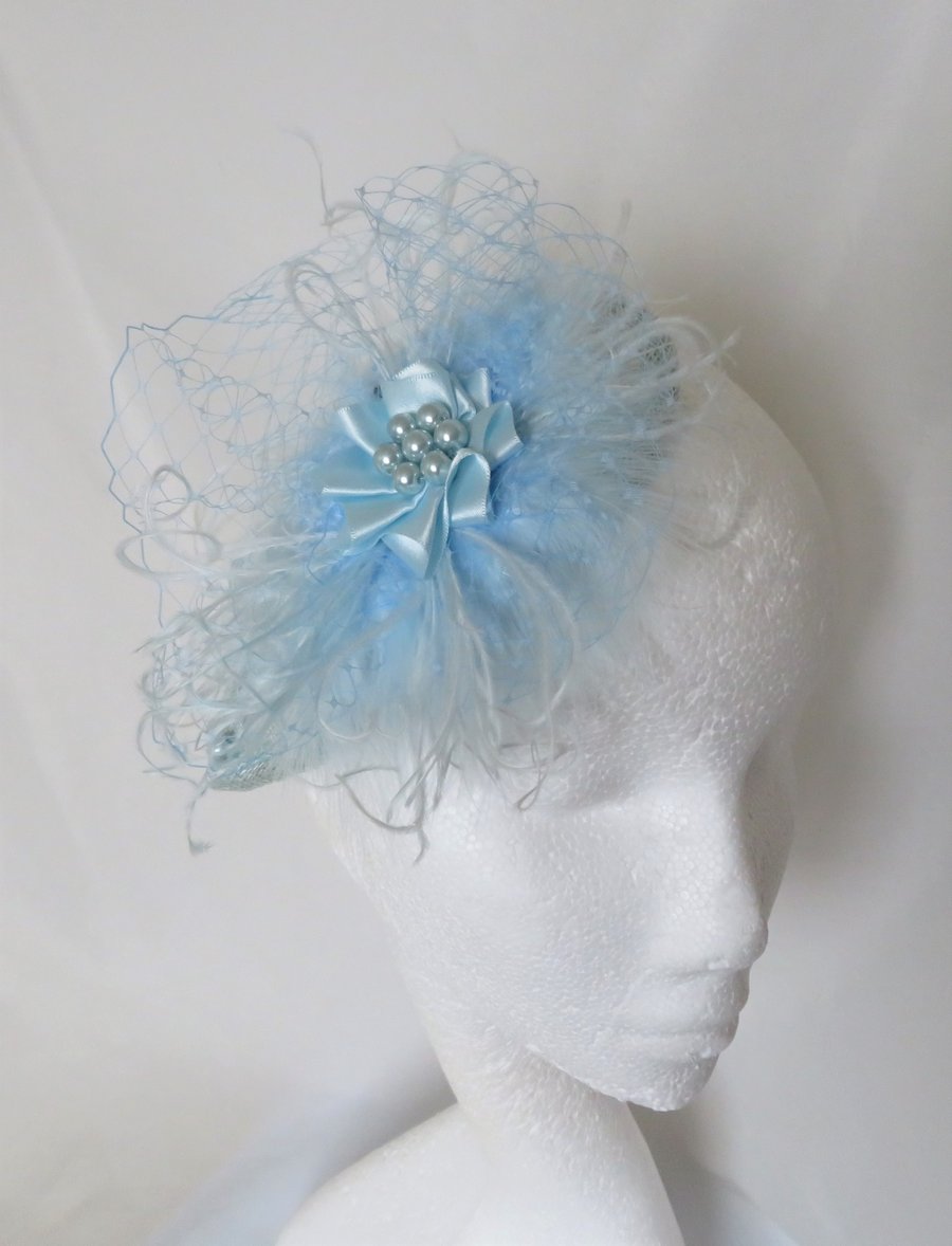 Pale Blue Vintage Style Feather Veil Fascinator Wedding Hat