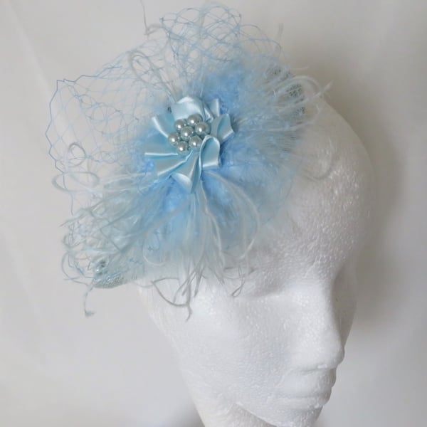 Pale Blue Vintage Style Feather Veil Fascinator Wedding Hat