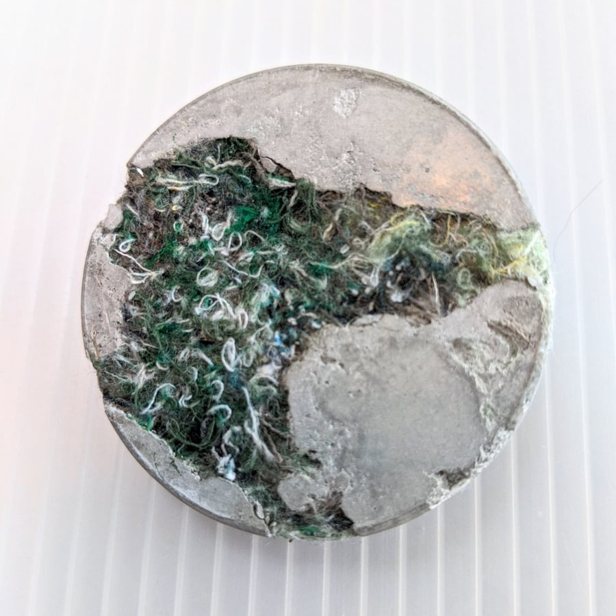 Dark Green Textile and Concrete Mixed Media 50mm Round Brooches Seconds Sunday