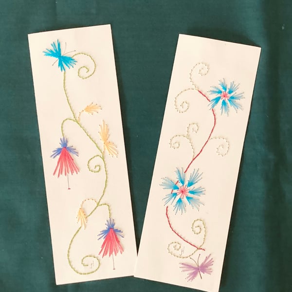 Embroidered book marks, embroidered butterflies, embroidered flowers