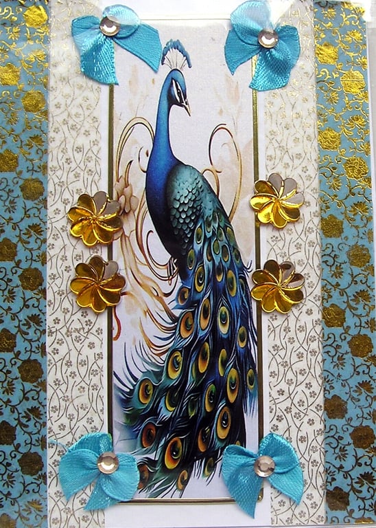 Peacock Bird - Hand Crafted Decoupage Greeting Card - Blank - 3315