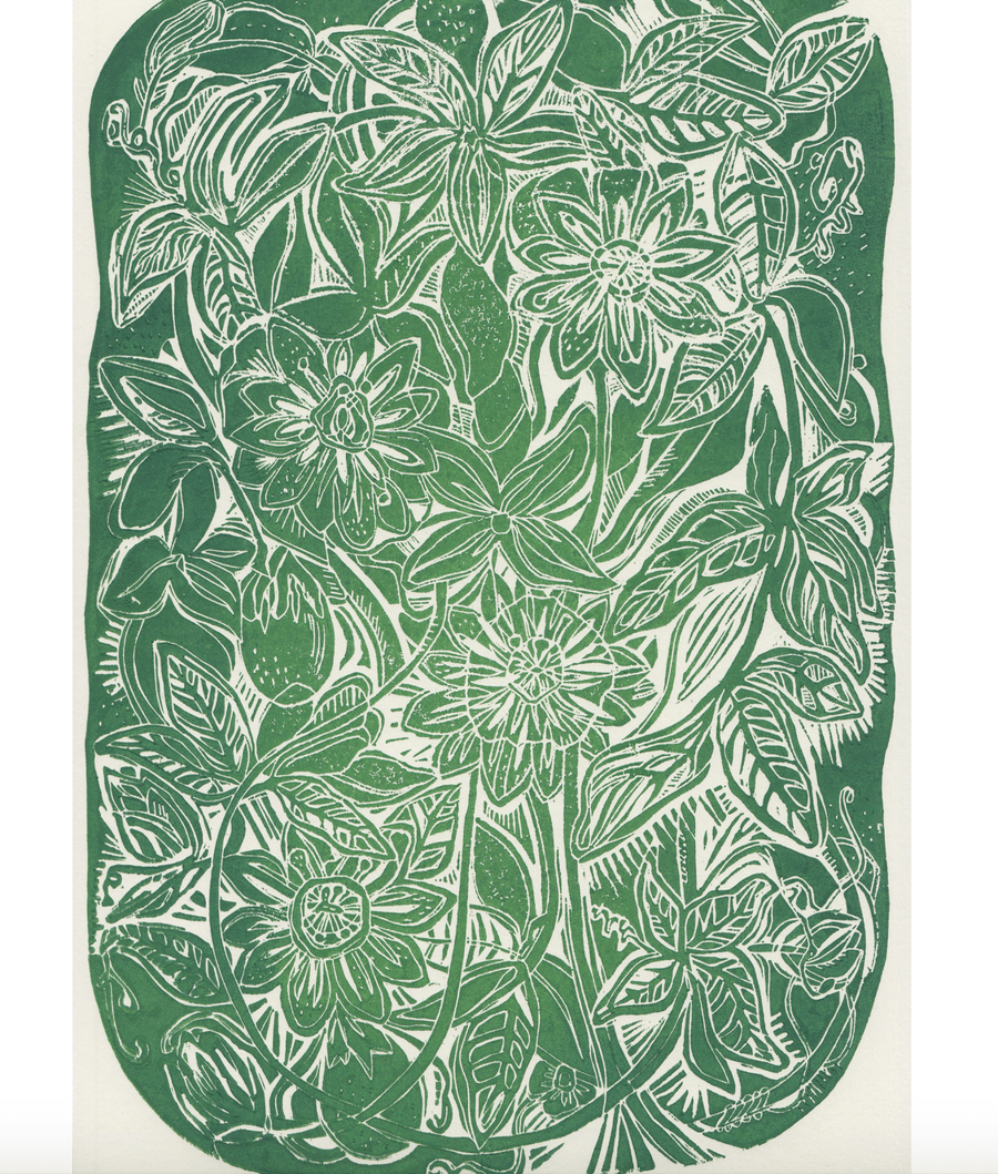 Green Passionflower Linocut Print A4. Original Art