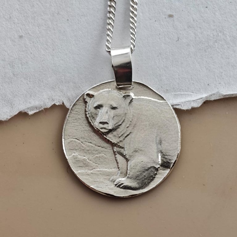 Polar Bear Coin Pendant Necklace Recycled Sterling Silver