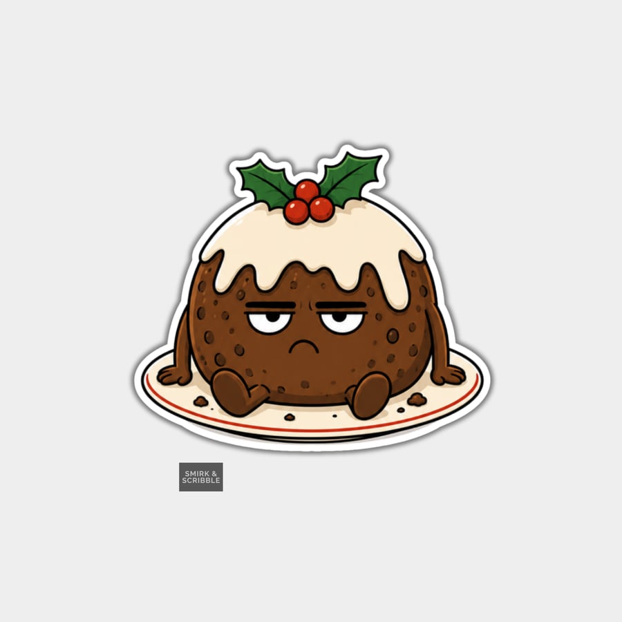 Image of Unique Funny Christmas Sticker Xmas Decal - Cute Grumpy Pudding