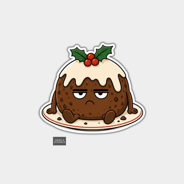 Unique Funny Christmas Sticker Xmas Decal - Cute Grumpy Pudding
