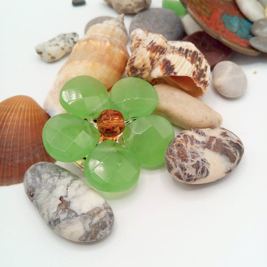 Green Faceted Glass Bead Floral Brooch with a Topaz Centre, Gift for Her, Brooch