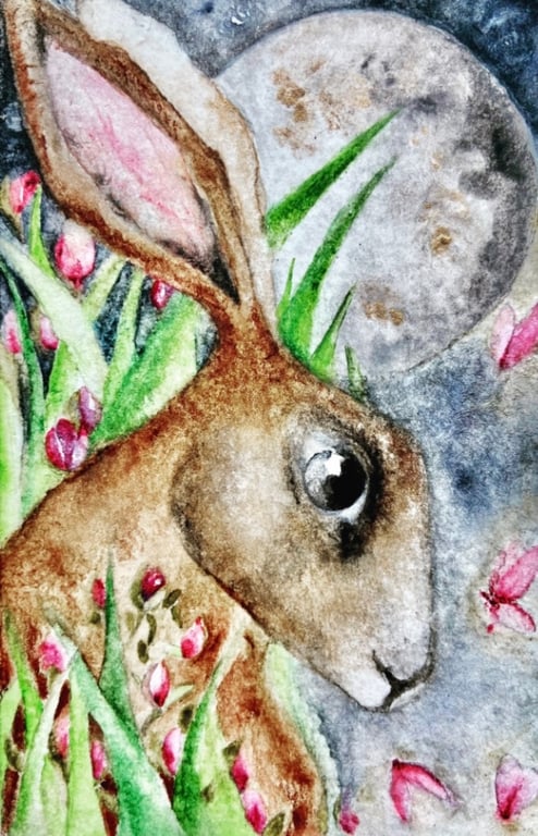 Watercolour Hare Rabbit in Summer Field in Moonlight Art Print