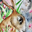 Watercolour Hare Rabbit in Summer Field in Moonlight Art Print
