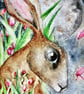 Watercolour Hare Rabbit in Summer Field in Moonlight Art Print