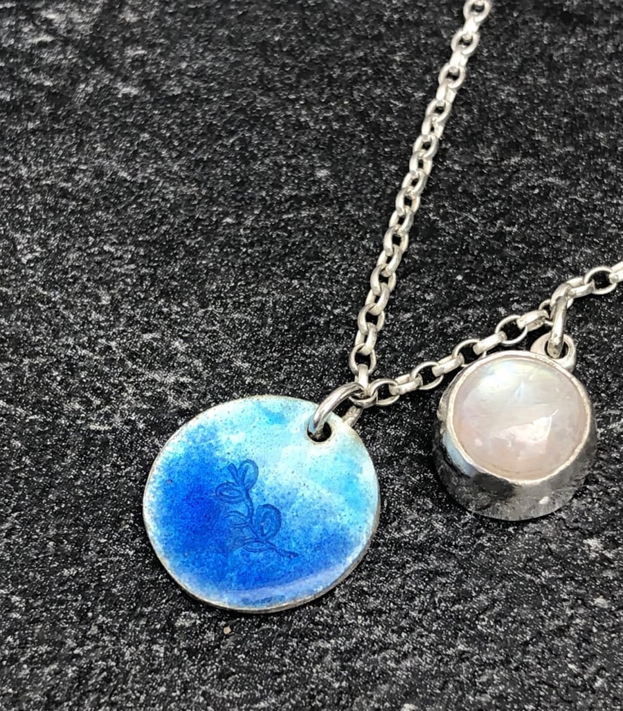 Enamel Necklace, Blue Reef Necklace, blue enamel necklace, moonstone necklace