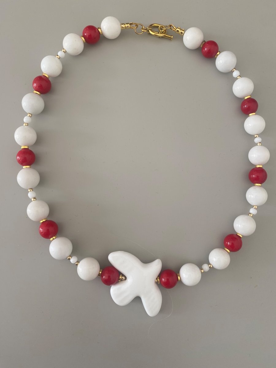 Handmade White and Red Natural Stone Necklace with Starfish Focal Bead