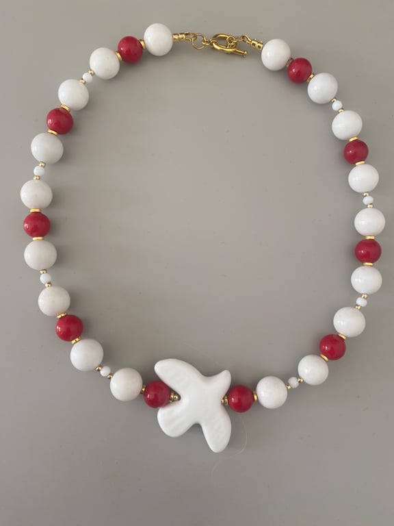 Handmade White and Red Natural Stone Necklace with Starfish Focal Bead