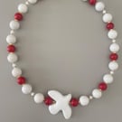 Handmade White and Red Natural Stone Necklace with Starfish Focal Bead