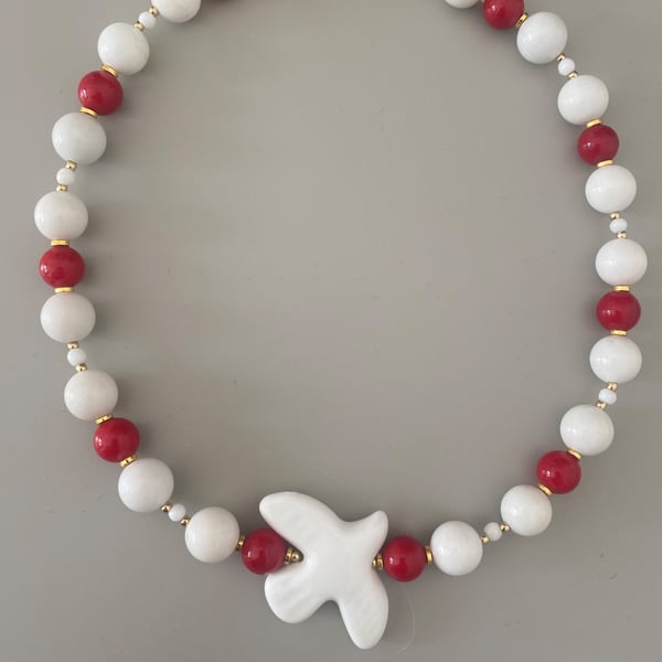 Handmade White and Red Natural Stone Necklace with Starfish Focal Bead