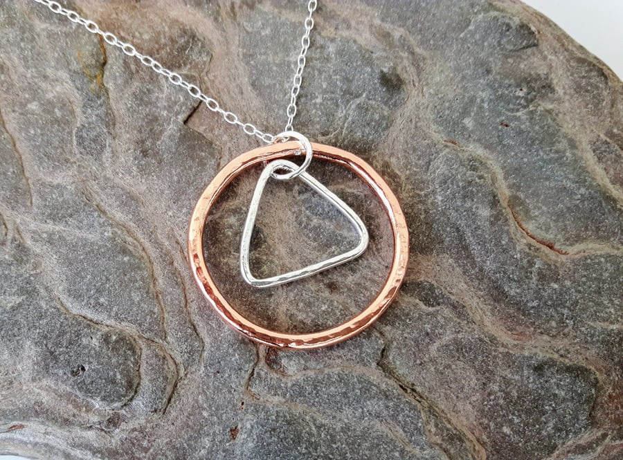 Copper and Sterling Silver Hammered Pendant, Circle and Triangle