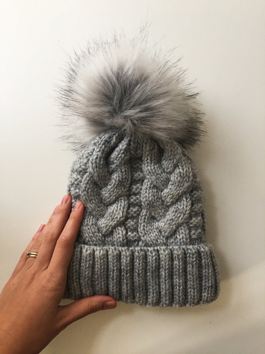 READY TO SHIP Faux Fur Pom Pom Knitted Wool Hat Light Grey Cables Cabled Beanie 