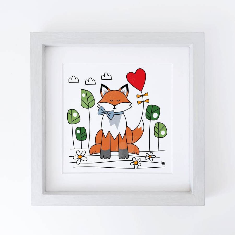 Fox In The Forest, with trees and heart baloon, original Giclee print