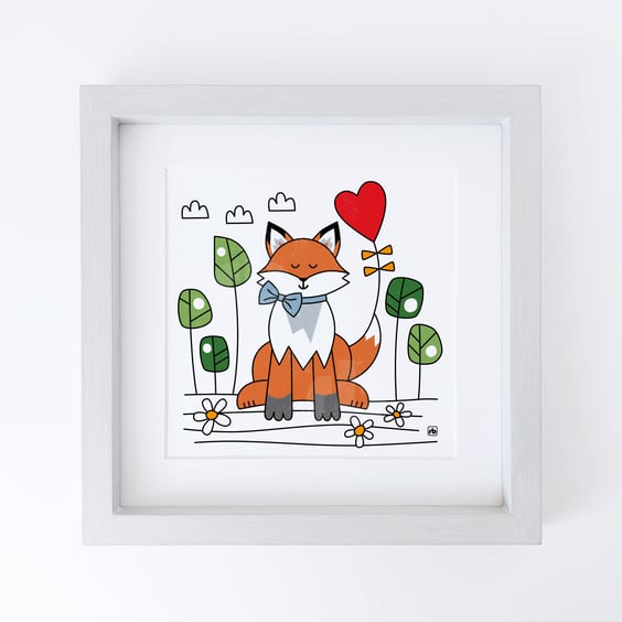 Fox In The Forest, with trees and heart baloon, original Giclee print