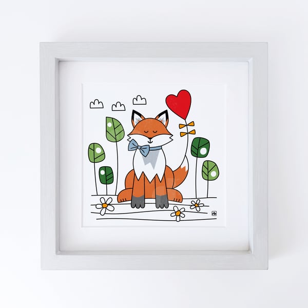 Fox In The Forest, with trees and heart baloon, original Giclee print