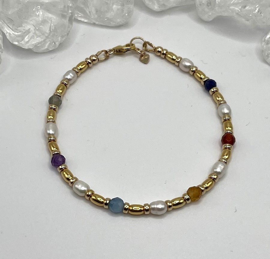 Freshwater Pearl And Gemstone Gold Bracelet 