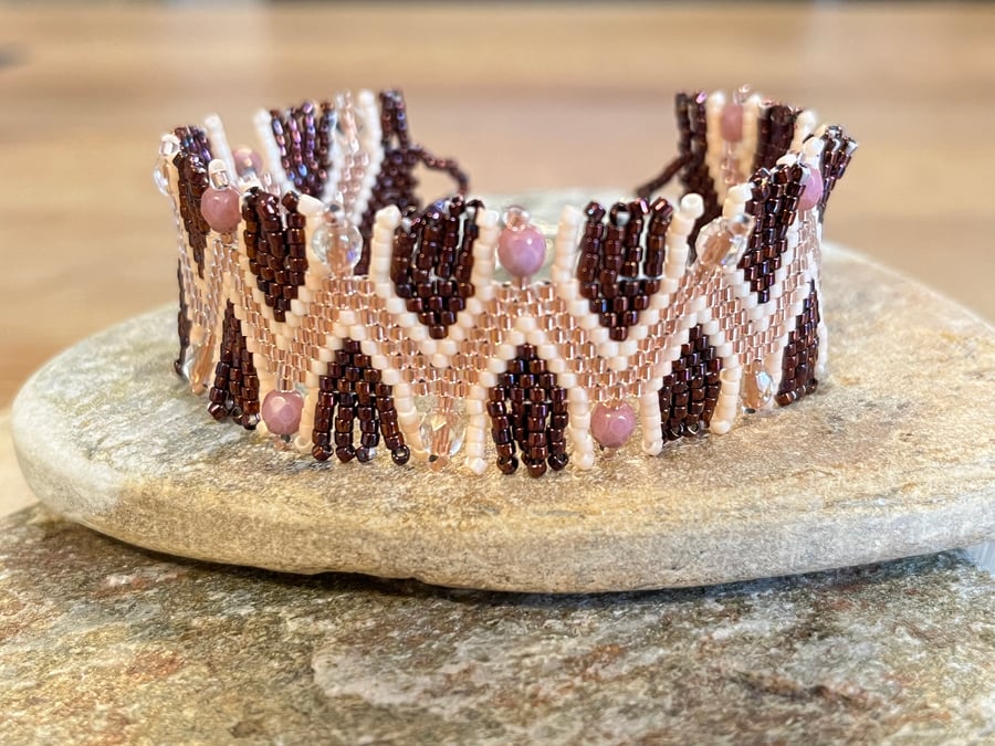 Dark rasberry and gold Southwestern inspired beaded peyote fringe bracelet 