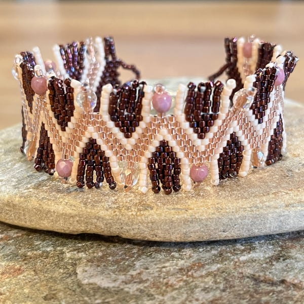 Dark rasberry and gold Southwestern inspired beaded peyote fringe bracelet 