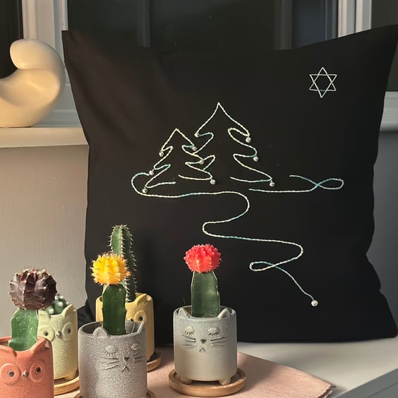Christmas Cushion cover, Hand Embroidered, large square, black,  winter scene 
