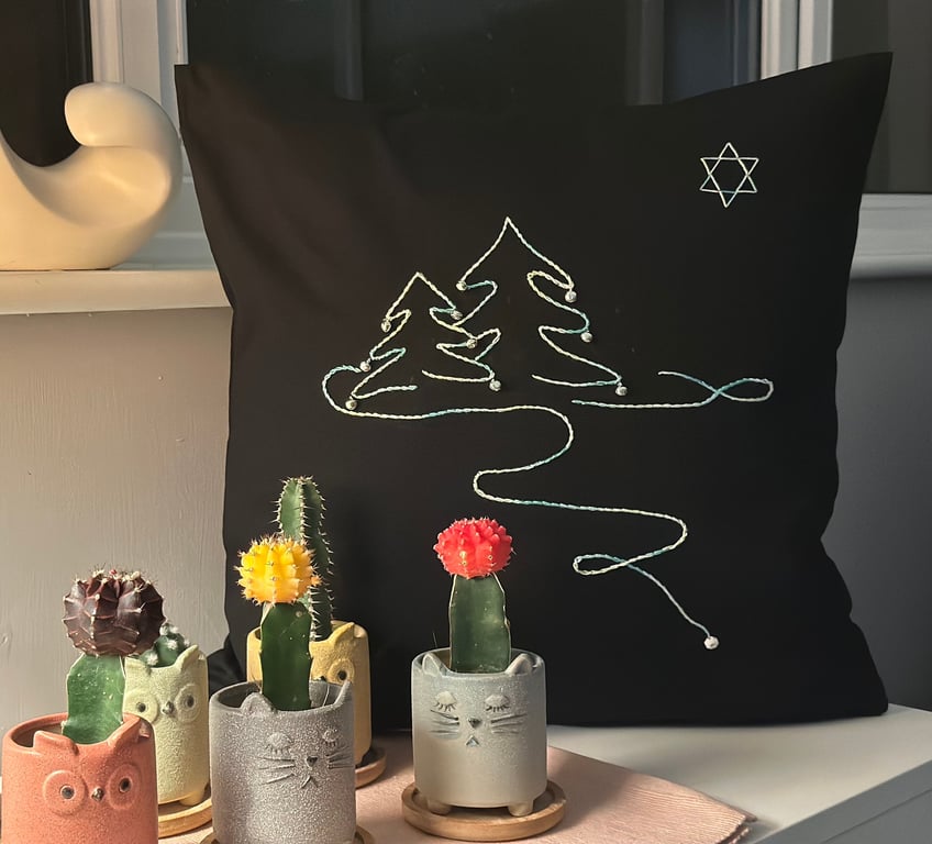 Christmas Cushion cover, Hand Embroidered, large square, black,  winter scene 