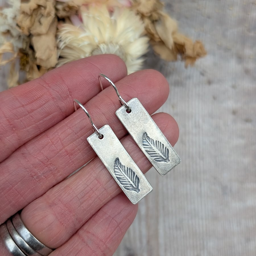 Sterling Silver Rectangle Feather Drop Earrings - JBJ1057