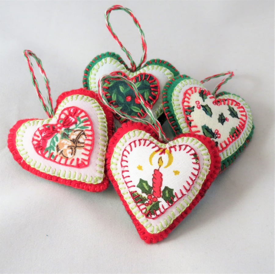 SALE  - Set of Appliqued Felt Christmas Hearts