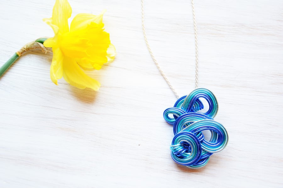 Blue necklace, Wire art, Wire wrapped necklace, Chunky pendant, Quirky gift