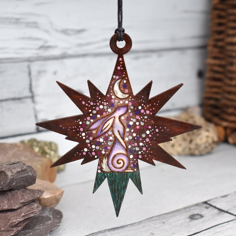 Purple hare on the hill hanging star. Pyrography personalised decoration.