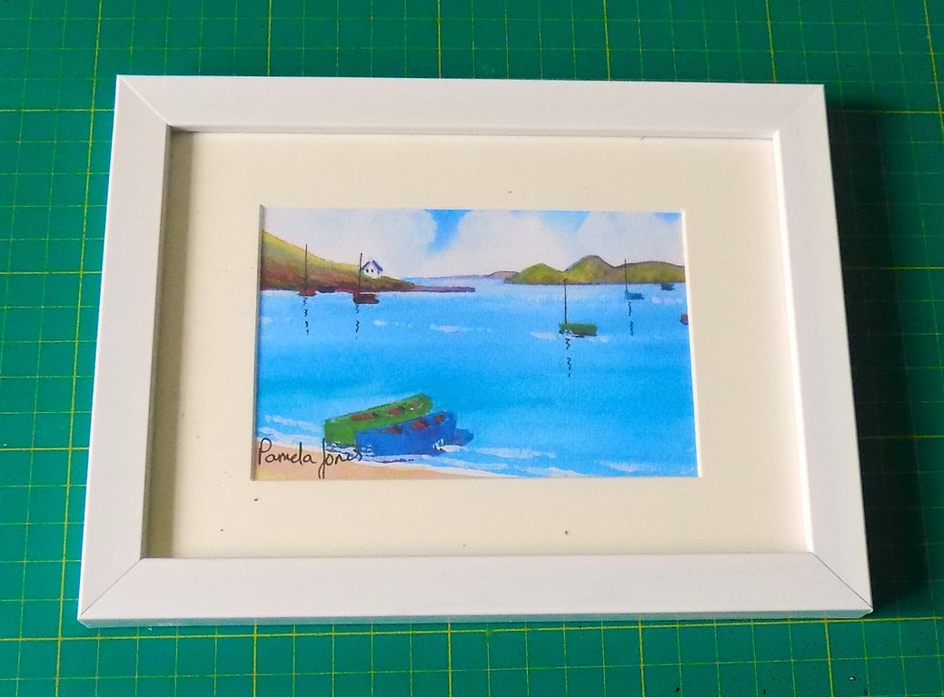 Porthdinllaen Beach, North Wales, Watercolour Print in 7 x 5'' White Frame