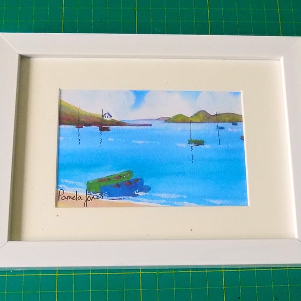 Porthdinllaen Beach, North Wales, Watercolour Print in 7 x 5'' White Frame