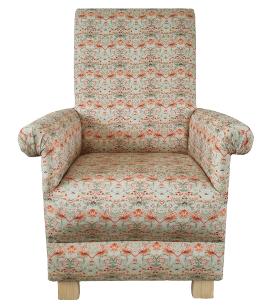 Adult Armchair William Morris Strawberry Thief Linen Fabric Chair Birds Accent