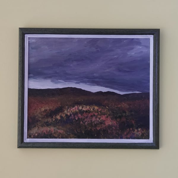 Moorland Picnic, rolling hills covered with heather, British landscape painting
